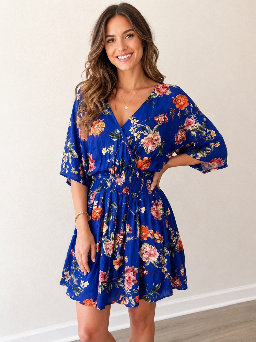 NWT Kori Royal Blue Floral V-Neck Smocked Mini Dress